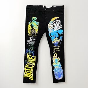 GTFD Los Angeles Mens Black Streetwear Graphic Distress Savage Skinny Jeans 42
